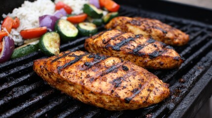 Grilled Chicken with Colorful Vegetables on BBQ Grill