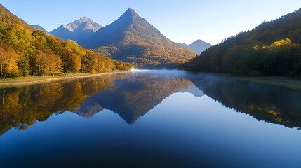 Majestic Autumn Mountain Landscape with Reflective Lake and Mist Shrouded Trees