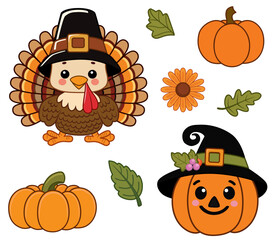 Thanksgiving elements collection graphic design on white background with turkey, pumpkins, sunflower, and leaves.