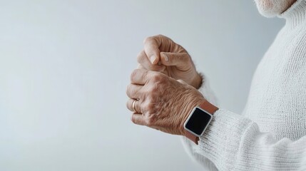 Fototapeta premium Elderly person using wearable to check insurance status, assisted tech