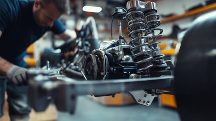 Fototapeta premium Engineer Tuning Car Suspension System, close up.