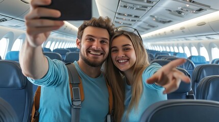 Obraz premium Happy couple of tourists taking selfie inside airplane,