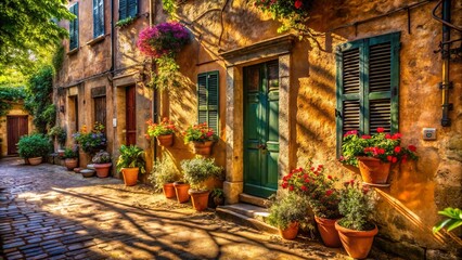 Fototapeta premium Sunlight Illuminates a Charming Cobblestone Street Leading to an Ancient Building with an Ornate Green Door, Adorned with Lush Greenery and Flower Boxes, Casting Long Shadows Across the Stone Pathway