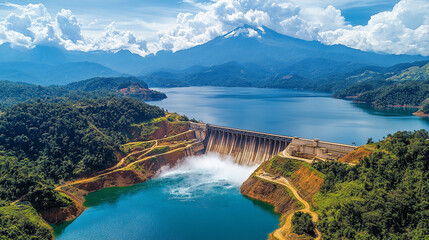 Aerial view of a hydroelectric dam showcasing the powerful flow of water. This image symbolizes renewable energy, innovation, and sustainability, emphasizing the importance of harnessing natural resou