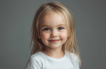 Naklejka premium A young blonde child with long hair smiles gently, wearing a white shirt, against a neutral light background. The child’s soft expression and natural look create a warm, calm atmosphere.