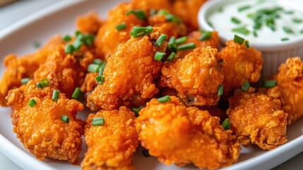 Fototapeta premium Close-up of crispy baked wings covered in a tangy buffalo sauce, served with a side of ranch and sprinkled with fresh chives
