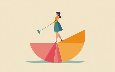 A flat vector illustration featuring a businesswoman standing on a vibrant semicircle chart, pulling a string connected to a sizable needle on the chart. 