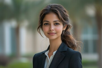 Fototapeta premium Portrait of a Smiling Young Woman in a Blazer and White Shirt