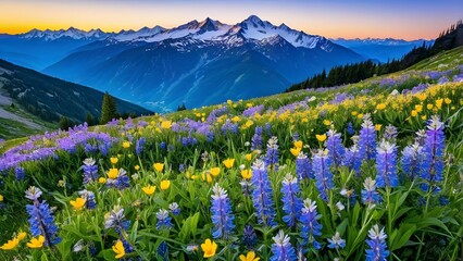 Fototapeta premium A vibrant tapestry of wildflowers blankets the mountainside, creating a breathtaking display of color against the backdrop of snow-capped peaks