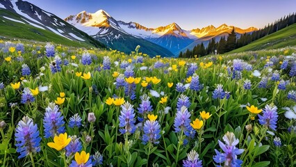 Fototapeta premium A vibrant tapestry of wildflowers blankets the mountainside, creating a breathtaking display of color against the backdrop of snow-capped peaks