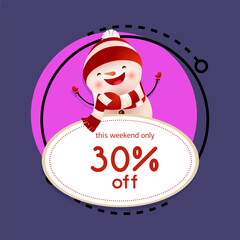 This weekend sale poster design with dancing snowman. Inscription in oval white frame and dancing snowman on abstract background. Can be used for sales, shops, discounts