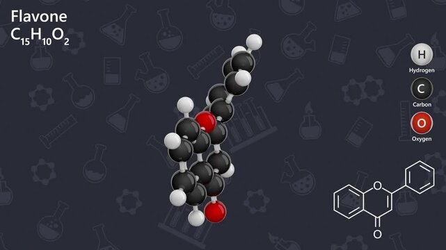 Flavone. Flavonoid. Antioxidant. Animated 3D model of a molecule. Molecular formula: C15H10O2. Chemical model: Ball and stick. Dark background. 3D rendering. Seamless loop.