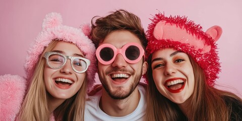 Obraz premium Group of friends smiling in fun, colorful outfits against a pink background.