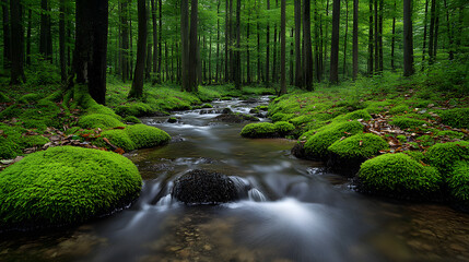 Obraz premium An Enchanting Moonlit Forest with Ancient Trees, Gentle Stream, and Playful Rabbits Understated by Nature's Symphony