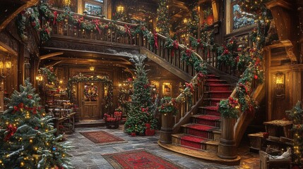 Cozy Christmas-decorated wooden interior with festive lights
