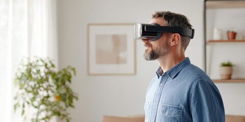 Man wearing virtual reality headset in modern living room, engaging with technology.