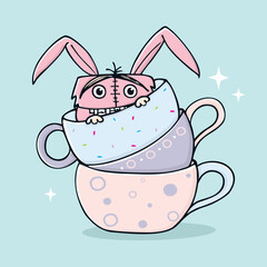 Cute Vector Illustration of Monster Rabbit Hidden in A Pile of Cups