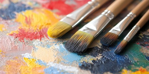 Obraz premium Paintbrushes on colorful palette, artistic expression, creativity, inspiration.