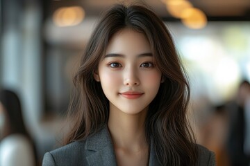 Fototapeta premium A Young Woman with Long Brown Hair, Smiling and Looking Directly at the Camera