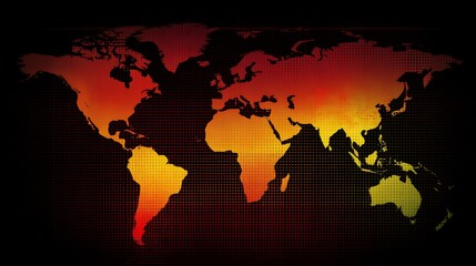 Obraz premium World map with red and orange gradient, glowing with heat.