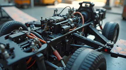 racing car being repaired. The engine and chassis of a racing car from the inside.
