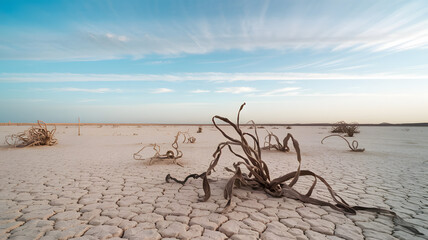 Cracked barren desert landscape with dried plants under a dusty, hot atmosphere, illustrating desertification, land degradation, and environmental challenges in arid regions.