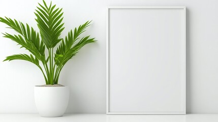 Fototapeta premium Minimalist White Frame on Clean Wall: A simple white frame mounted on a crisp white wall, blending seamlessly with a minimalistic setting, offering a modern, open feel.