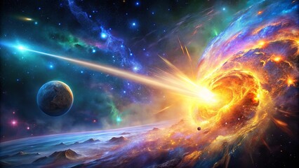 Obraz premium Cosmic Firestorm A celestial collision ignites the heavens with a fiery explosion, leaving behind swirling nebulae and a trail of radiant dust.