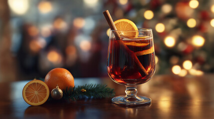 Fototapeta premium Glass of Mulled Wine with Orange Slice and Cinnamon Stick on a Festive Table, Blurred Holiday Crowd in Background for Cozy Winter Market Scene