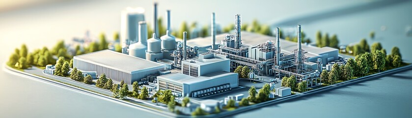 Obraz premium A detailed miniature model of an industrial plant surrounded by greenery, showcasing modern architecture and technological design.