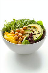  a salad with chickpeas, avocado slices, and greens in a white bowl, isolated on a clean white background