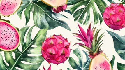 Watercolor painting of a tropical scene with a variety of fruits, including a watermelon and a pineapple