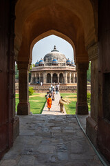 Looking at the Tomb of Isa Khan through a doorway