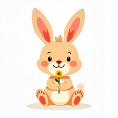 Fototapeta premium Cute Cartoon Bunny Smiling Happily Holding Flower Against White Background