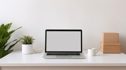 Fototapeta premium Modern Workspace with Laptop and Green Plant
