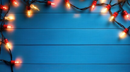 Vintage Christmas Lights on a Blue Wooden Background