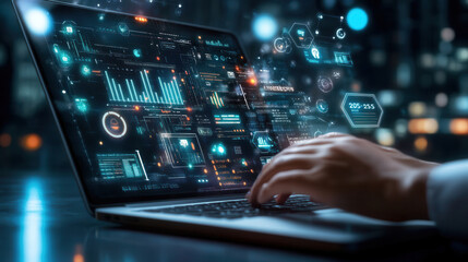 close up of hands working on laptop displaying dynamic graphs and data visualizations, showcasing technology and innovation in modern workspace
