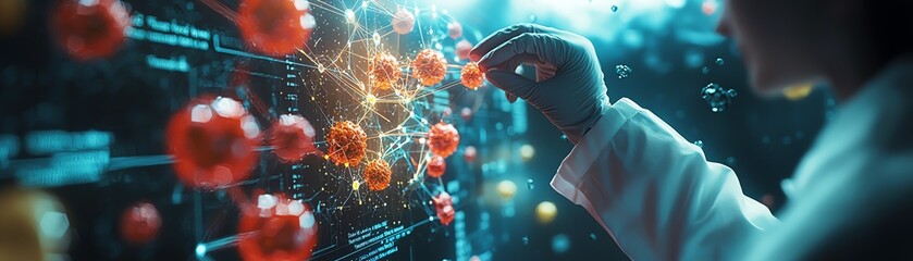 A scientist explores molecular structures using advanced technology and visual data analysis in a futuristic lab environment.