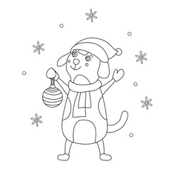 Cute little dog with christmas ornament and snowfall. Vector hand drawn doodle winter illustration, isolated black outline. Great for coloring and Xmas cards.