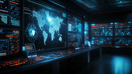 Obraz premium modern creative workspace filled with advanced tech gadgets, featuring multiple screens displaying data and world map. atmosphere is high tech and innovative, perfect for tech enthusiasts