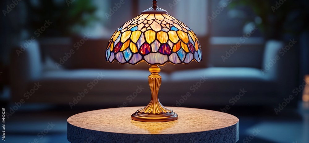 Poster a colorful stained glass table lamp with a gold base, sitting on a side table in a dimly lit room.