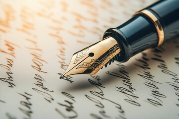 Fototapeta premium Close-up of an elegant fountain pen with intricate details on the nib, writing in cursive on parchment paper, symbolizing timeless writing and creativity.