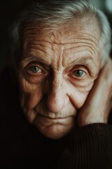 Fototapeta premium Man with a wrinkled face is looking at the camera. He is wearing a brown sweater and has a blue eye