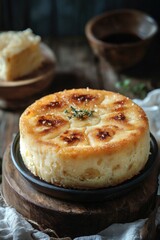 Cake with a topping of herbs sits on a wooden plate. The cake is surrounded by bowls and a cup. Scene is cozy and inviting, as if the cake is meant to be shared with friends and family