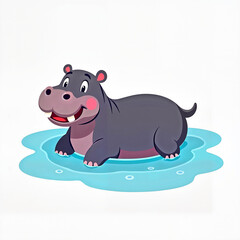 Fototapeta premium Cute Hippo with Happy Expression Bathing in Blue Water against White Background