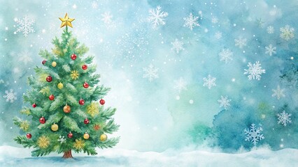 Obraz premium watercolor christmas background with minimalist christmas tree and snowflakes