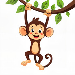 Cute Monkey with Cheerful Smile Swinging on Tree Branch against White Background