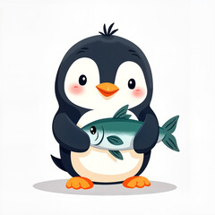 Fototapeta premium Cute Penguin with Cheerful Expression Holding Fish on White Background