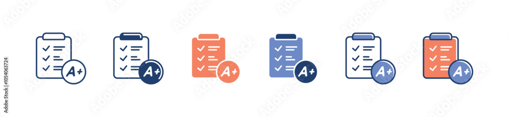 Aufkleber exam clipboard quiz score result icon set education questionnaire evaluation grade checkmark list signs illustration for web and app