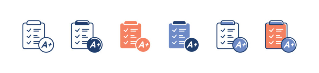 Obraz premium exam clipboard quiz score result icon set education questionnaire evaluation grade checkmark list signs illustration for web and app